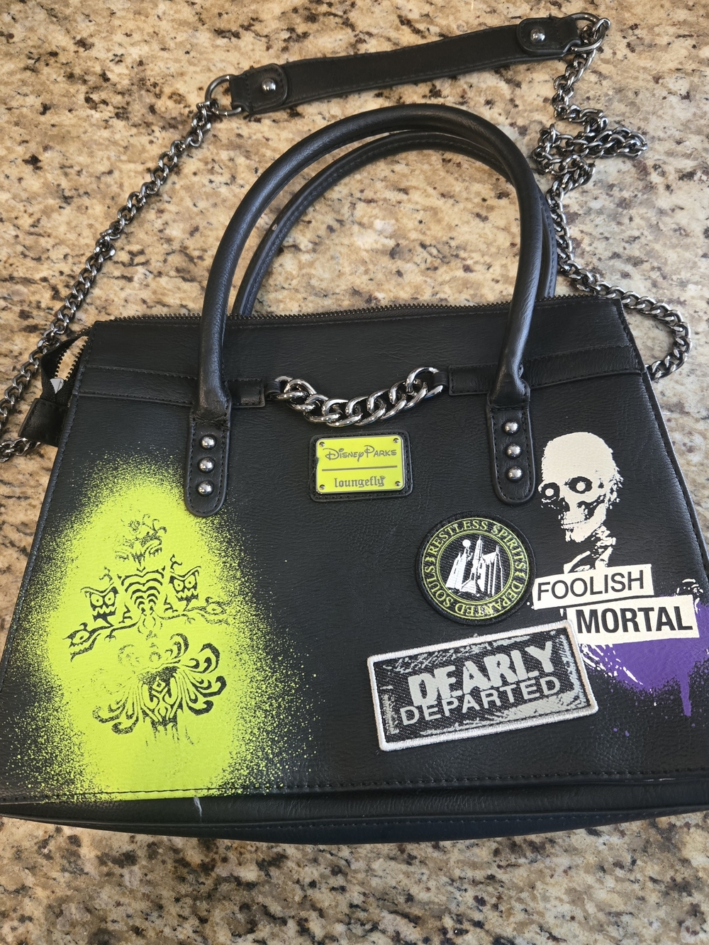 Loungefly Black Haunted Mansion Patch Satchel with Neon Green & Purple Accents